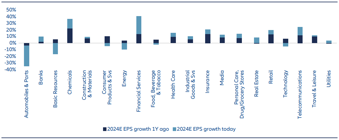 Overall, most European sectors posted earnings growth in 2024. However, one clear negative outlier was automotive with all major manufacturers issuing profit warnings.